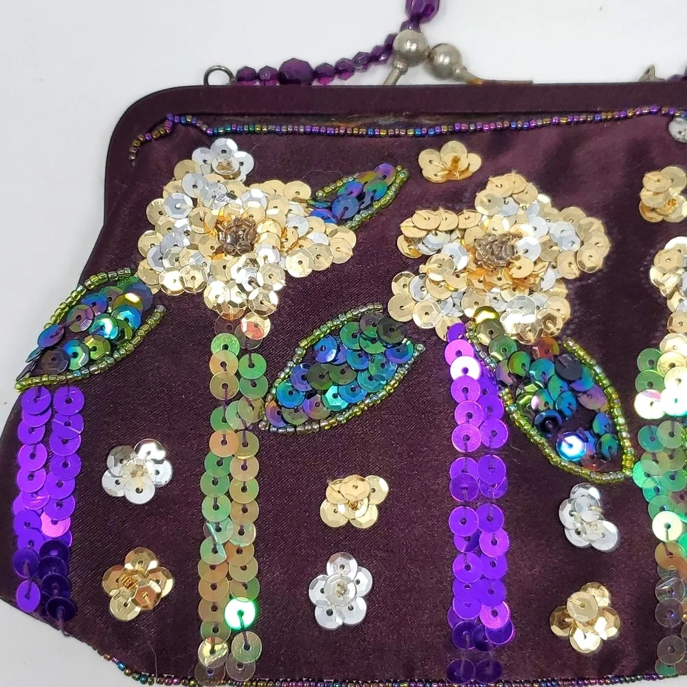 Beautiful Embellished Sequined & Beaded Handbag Clutch Peacock Colors Snap Close